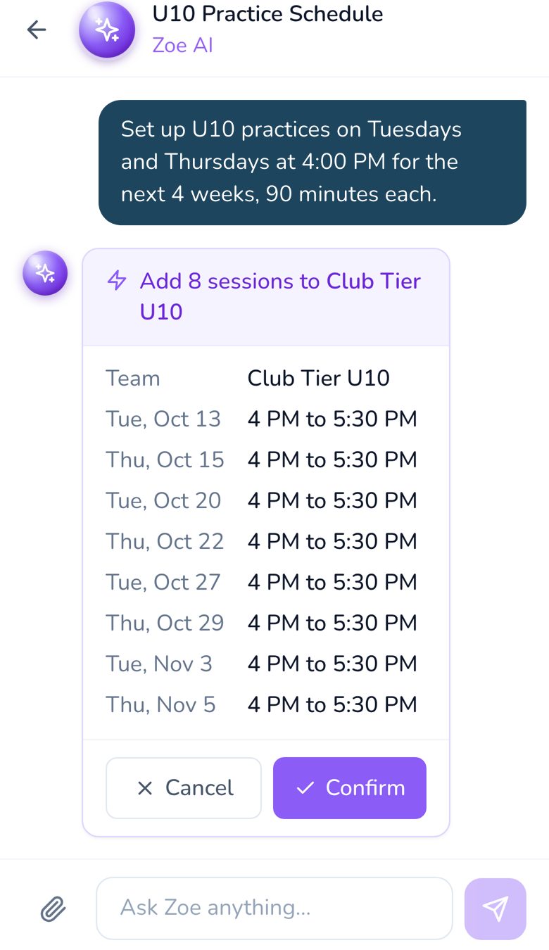 Zoe drafting eight practice sessions in the Zoyo app, waiting for the coach to confirm